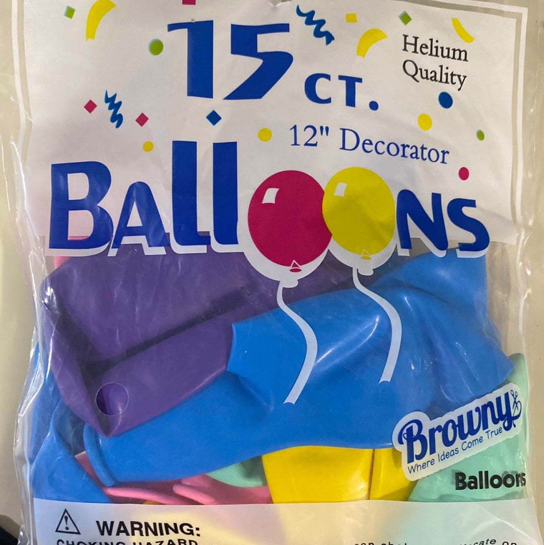 Browny Latex Balloons 12" Assorted Pastel 15pcs