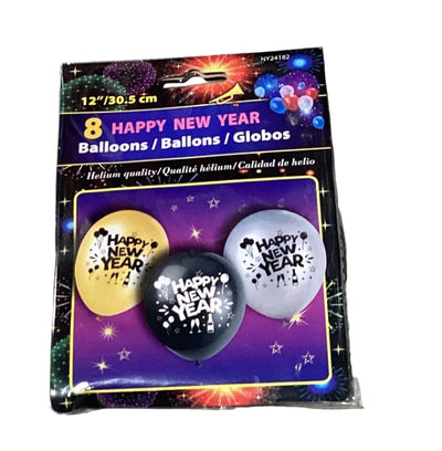 New Year Latex Balloons 12” (8ct) Gold / Silver / Black