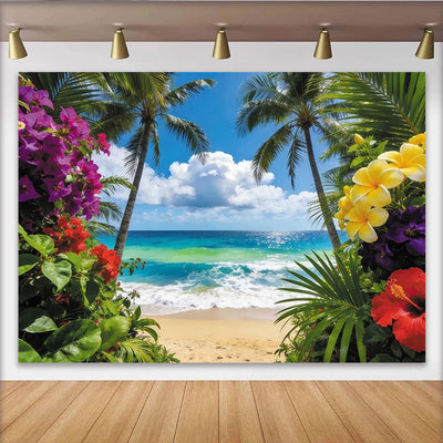 Vibrant Tropical Beach Palms Hawaiian Photography Backdrop