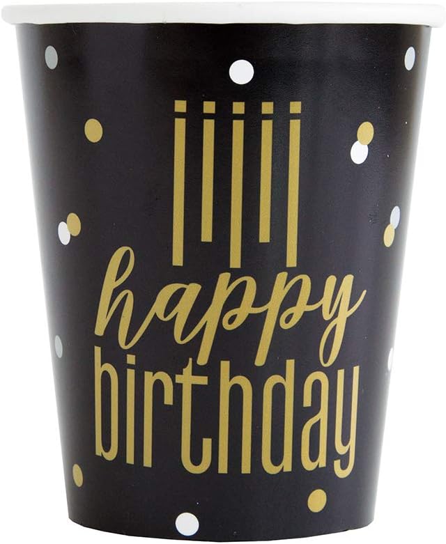 Happy Birthday Cups Gold and Black 9oz (x8u)