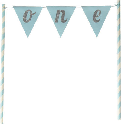 Cake Topper Blue Banner "One" Glitter (x1u)
