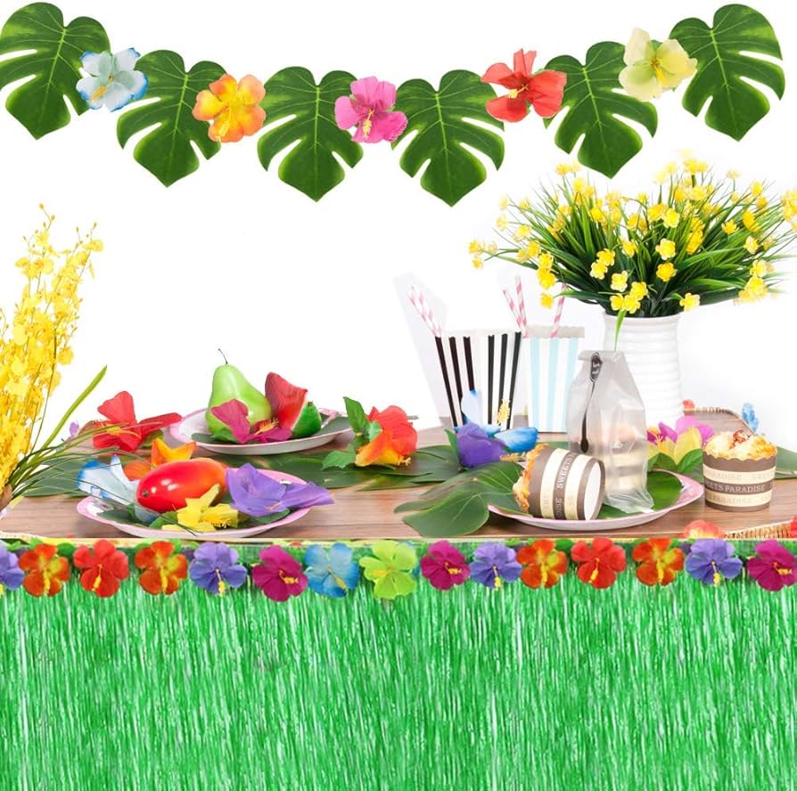 Falda de Mesa Hawaiana 108"x29" (Color Natural y Verde)