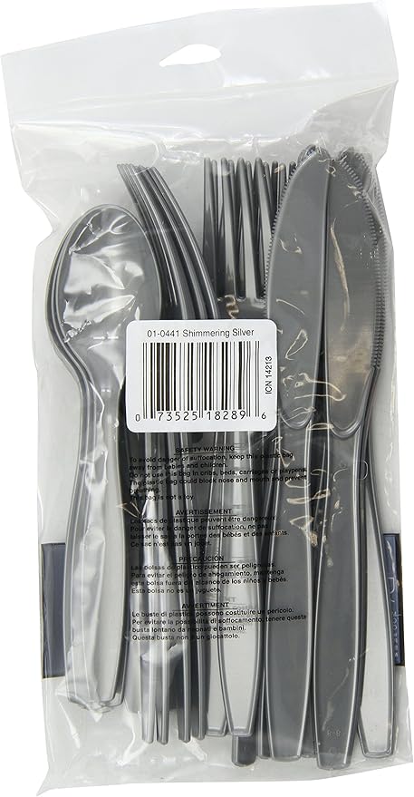 Surtido de Cubiertos de Plástico Premium, Plateado Brillante