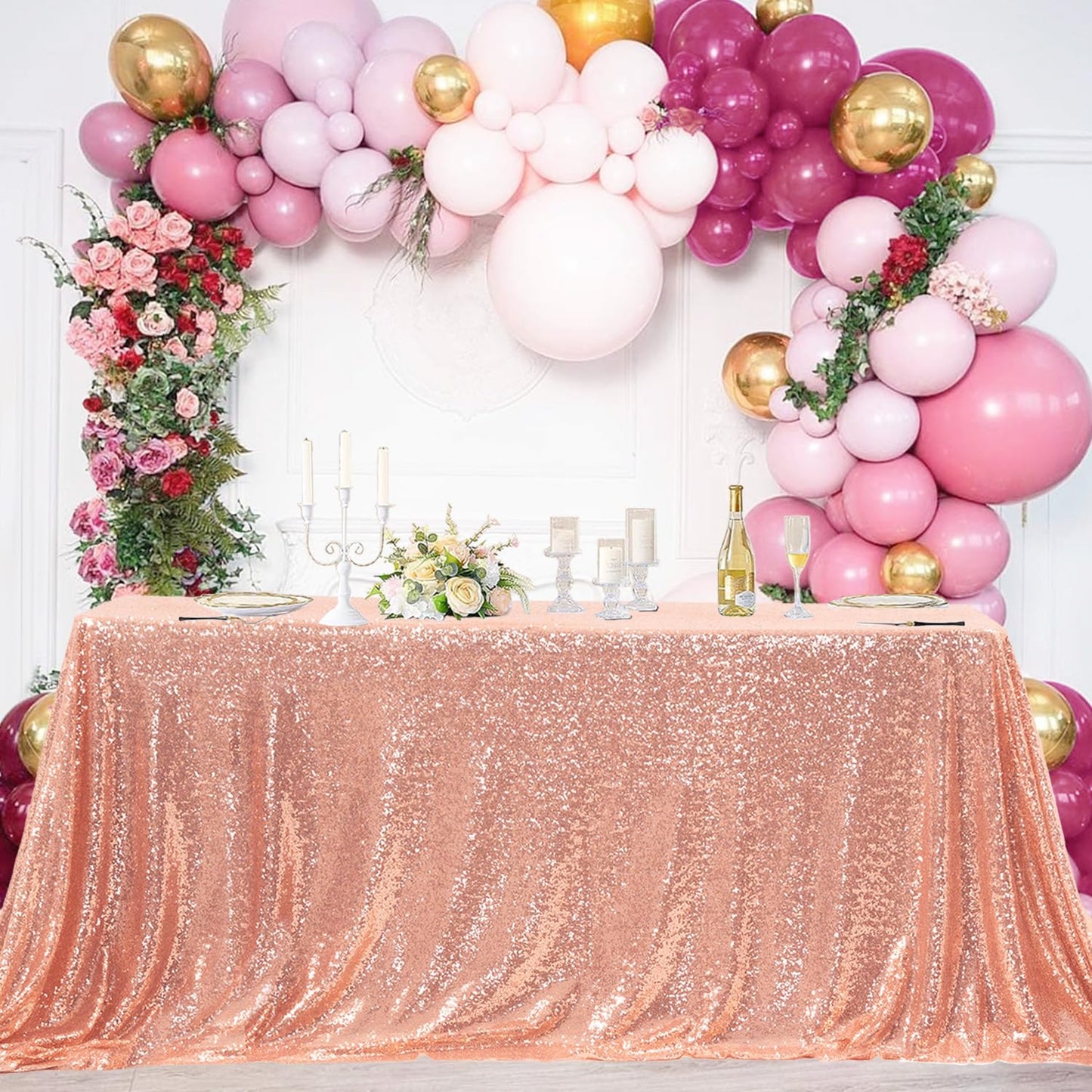 Mantel Sequin Rectangular 90" x 132" - Rose Gold / Blush