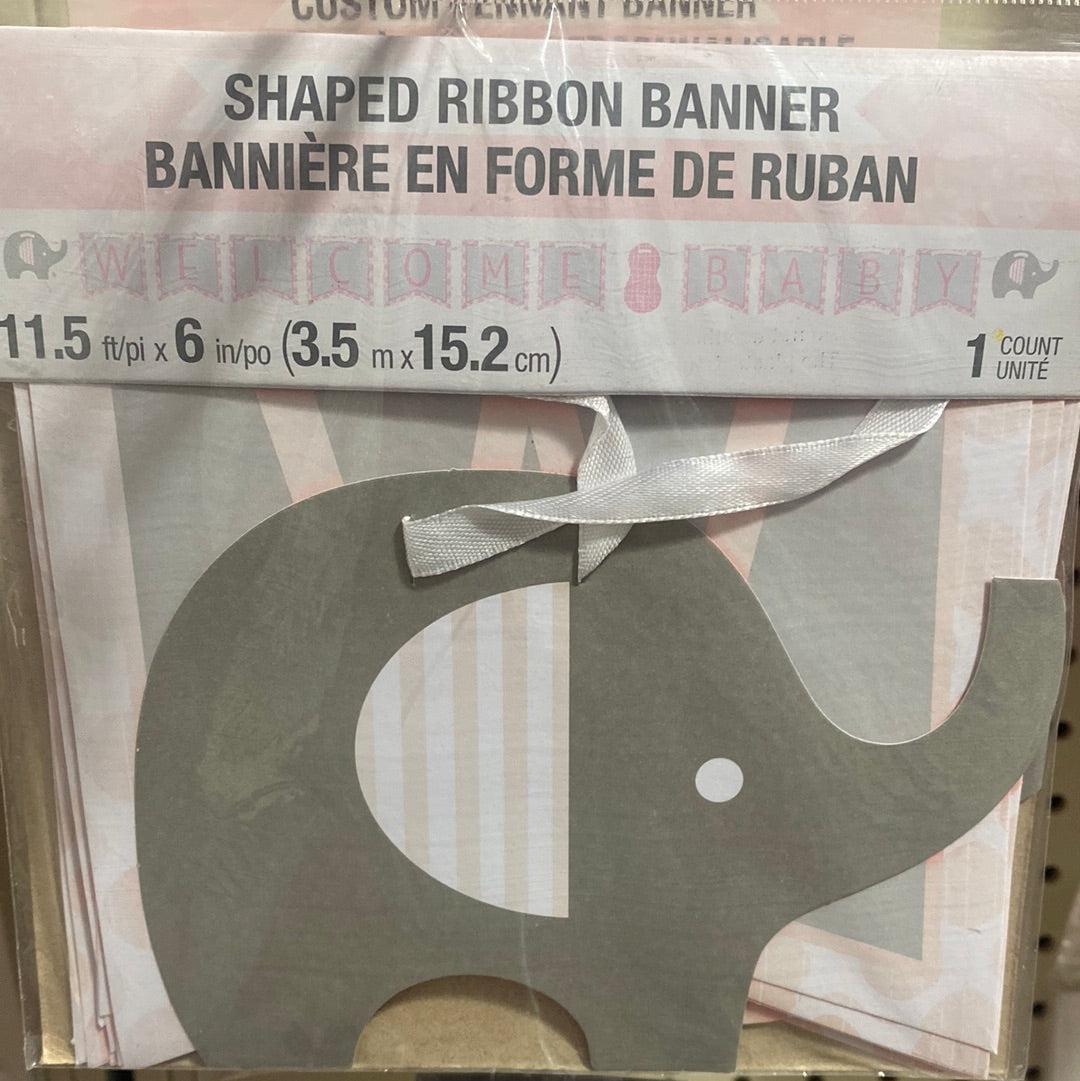 Welcome Baby Banner Ribbon Pink Elephant
