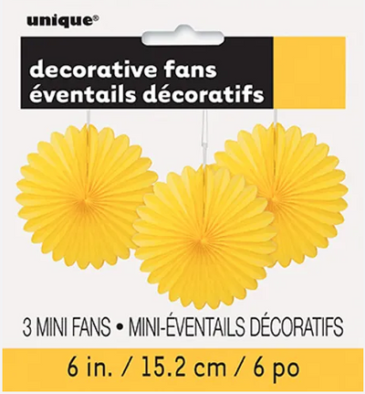 Mini Decorative Paper Fans Yellow 6in 3ct