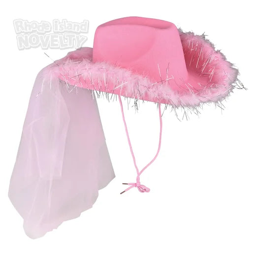 Sombrero rosa de Vaquera con Velo y Plumas (x1u)