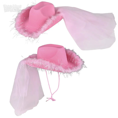 Sombrero rosa de Vaquera con Velo y Plumas (x1u)