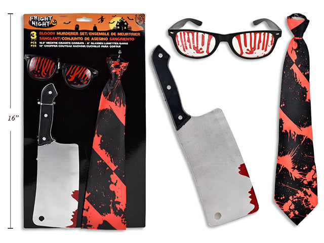 Set de Halloween Sangriento (3 Piezas): Corbata, Cuchillo de Carne, Gafas