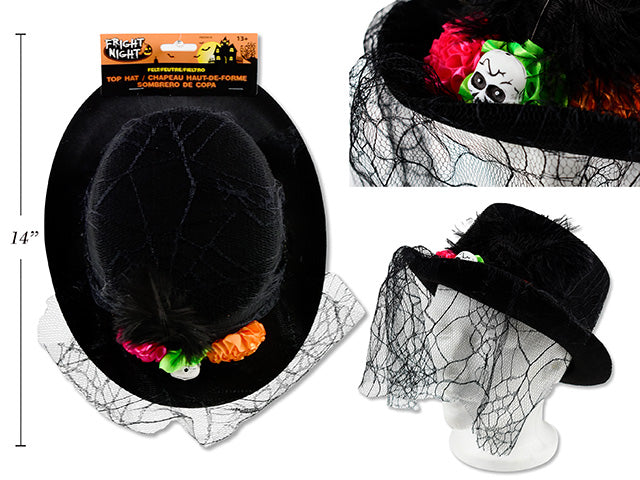 Sombrero Copa Fieltro con Encaje Flores Calavera y Pluma