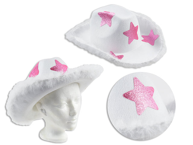 Sombrero Cowboy/Vaquero Blanco con Estrella Rosas de Brillo y Plumas Adulto 15.4"