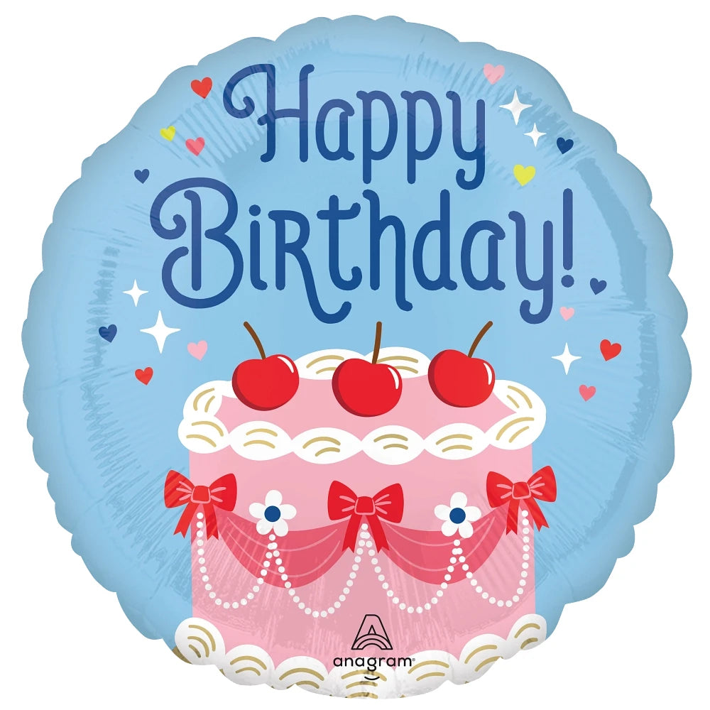 Pink Cake With Cherries and Bows Happy Birthday Foil Balloon 18”