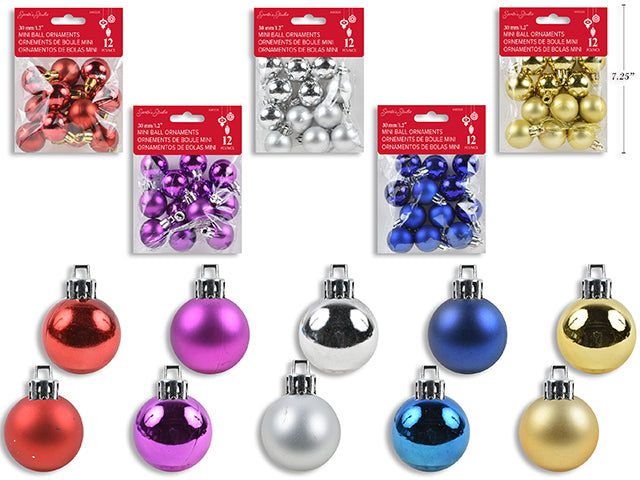 12pk 30mm Mini Ball Ornaments. 5 Asst.Colors in Shiny & Matte. pbh