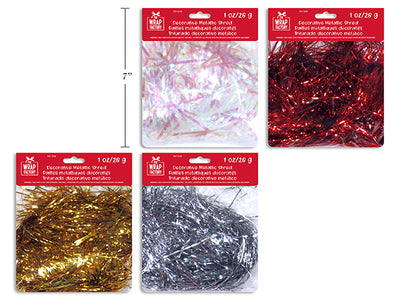 1oz Decorative Metallic Tinsel Angel Hair Shred. 4 Asst.Colors:Red / Silver / Gold/ Iridescent. Pbh