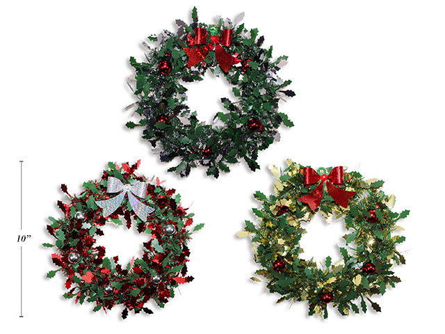10in Xmas Pine + Foil Holly Leaf Tinasel Wreath w/ Ornament Balls & Holographic Bow. 3 Asst. Cht.