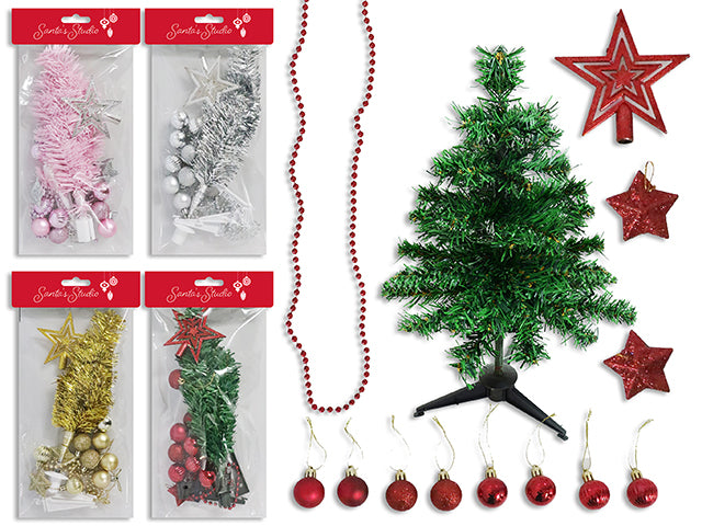 Set/13 12in Xmas Tree Kit.Incl:8-Balls+1-Star Tree Topper + 2-Stars + 1-1m Beaded Garland.4 Asst.Pbh