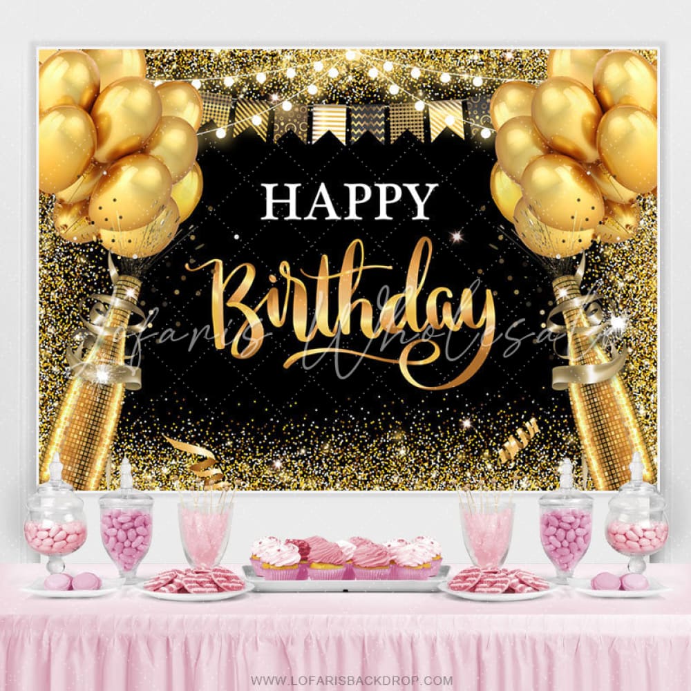 Black and Gold Balloon Glitter Birthday Backdrop (x1u)