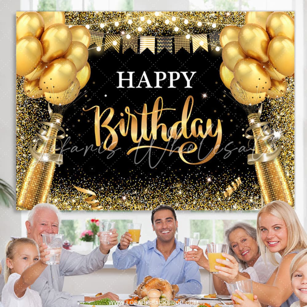 Black and Gold Balloon Glitter Birthday Backdrop (x1u)