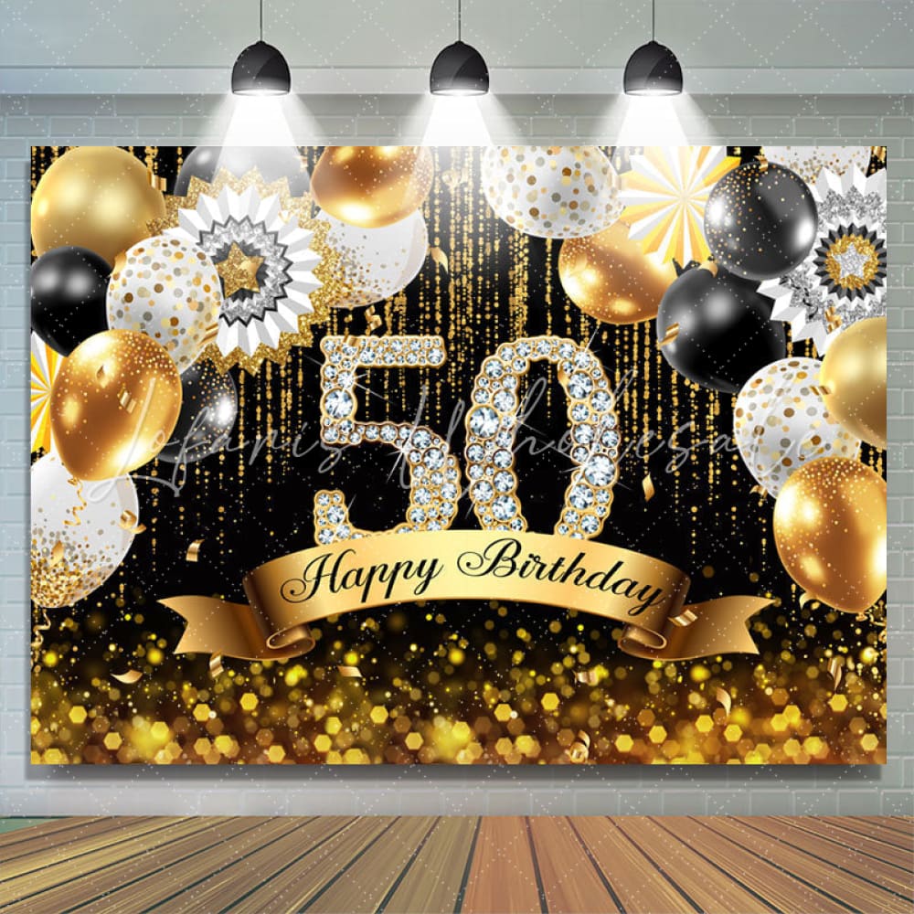 Gold Balloons Glitter 50th Birthday Backdrop (x1u)