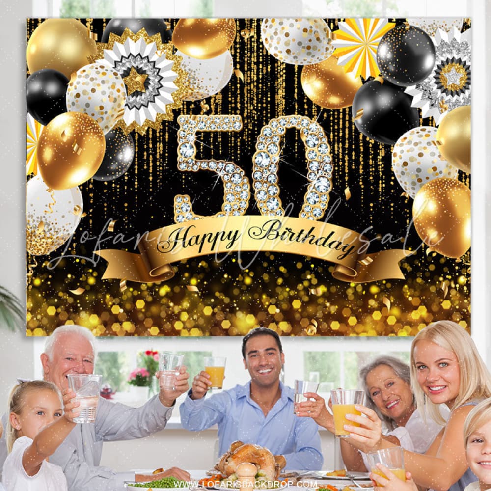 Gold Balloons Glitter 50th Birthday Backdrop (x1u)
