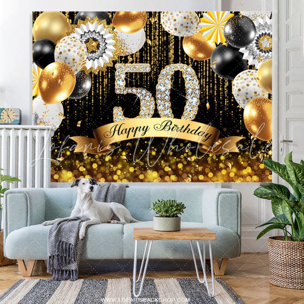 Gold Balloons Glitter 50th Birthday Backdrop (x1u)