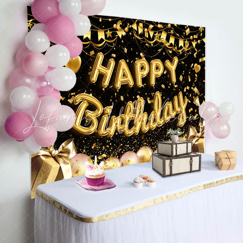 Golden Ribbons Balloons Birthday Backdrop (x1u)
