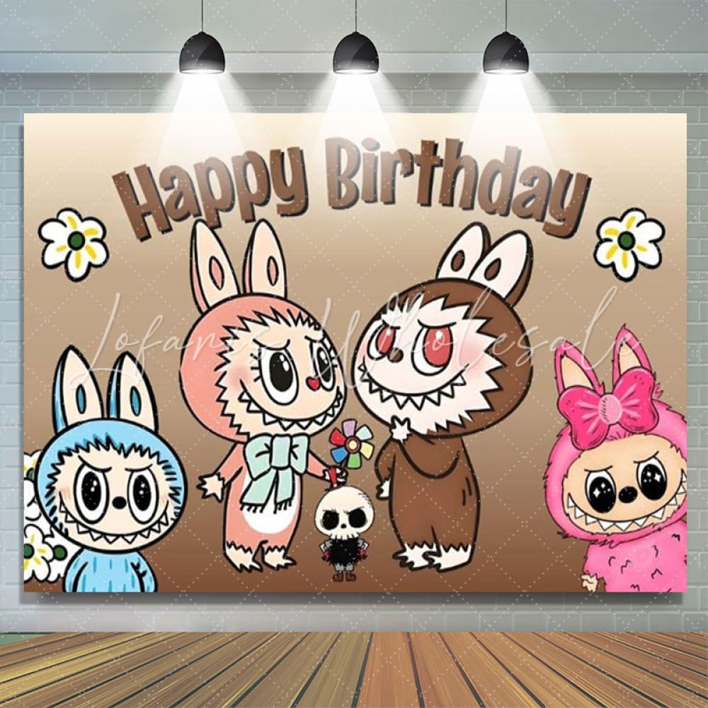 Labubu Cartoon Monster Happy Birthday Backdrop (x1u)
