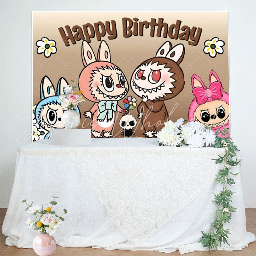 Labubu Cartoon Monster Happy Birthday Backdrop (x1u)