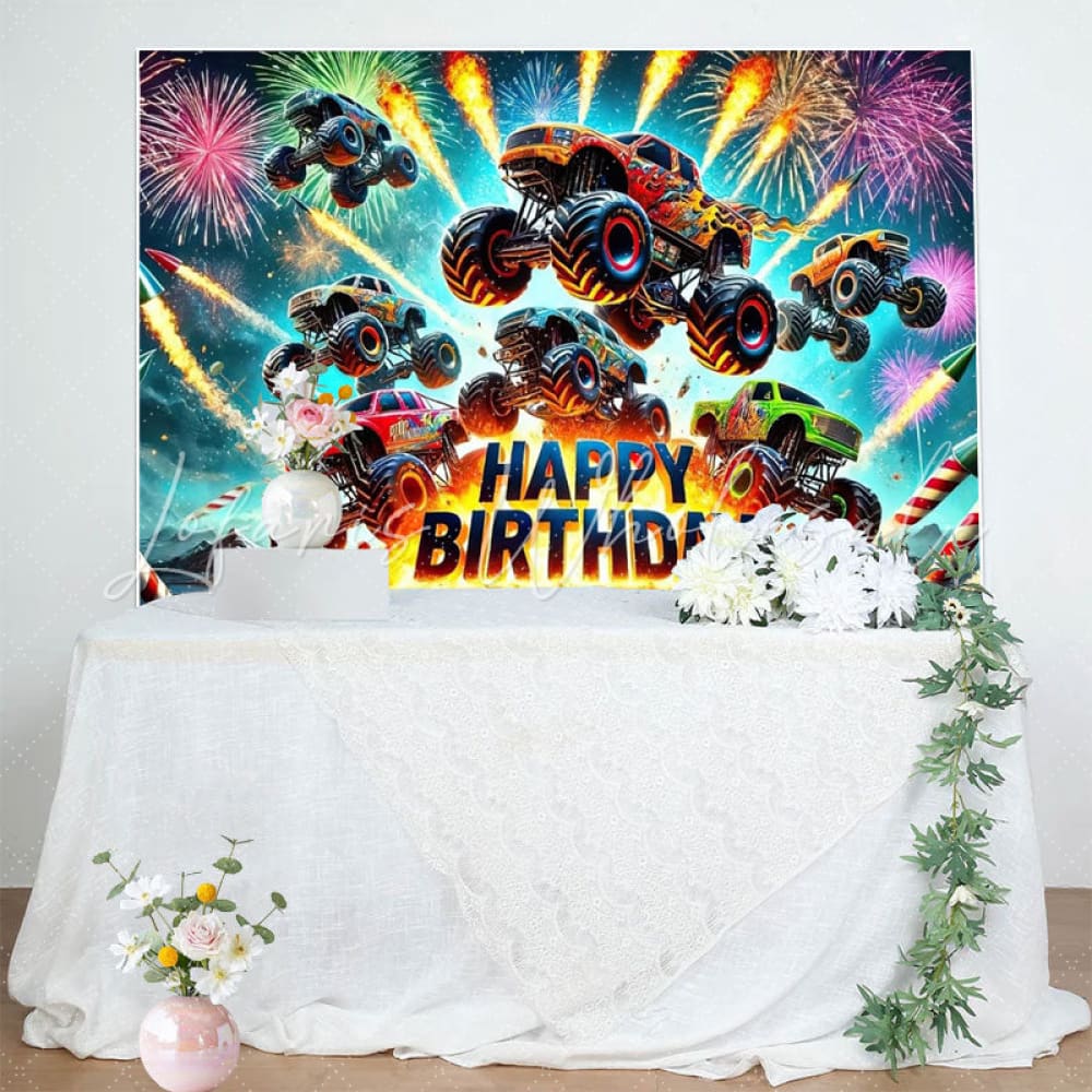 Monster Truck Sparkle Happy Birthday Backdrop (x1u)