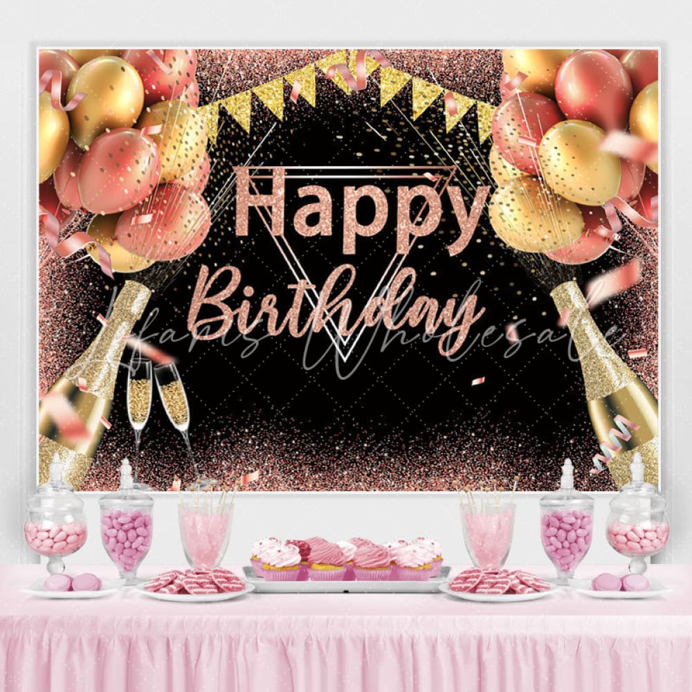 Pink and Golden Balloons Glitter Birthday Backdrop (x1u)