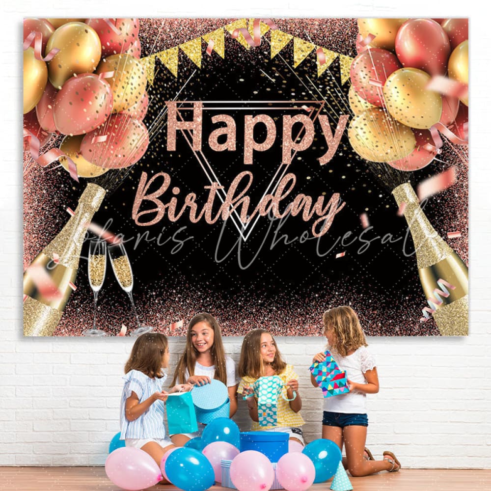 Pink and Golden Balloons Glitter Birthday Backdrop (x1u)