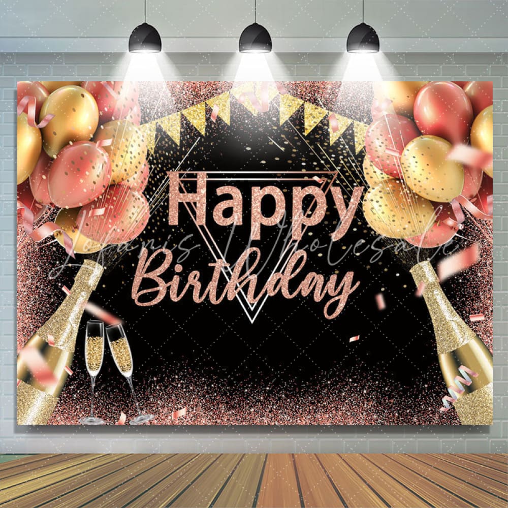 Pink and Golden Balloons Glitter Birthday Backdrop (x1u)