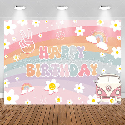 Retro Vintage Rainbow Hippie Groovy Happy Birthday Backdrop (x1u)