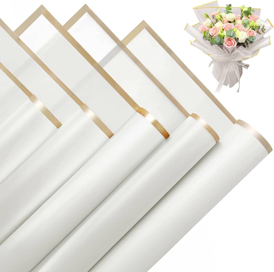 Floral Wrapping Paper Gold Edge 22.8" x 22.8" x 20 Sheet White