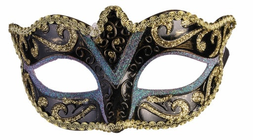 Eye Mask With Ribbon Gold Trim Black & Silver