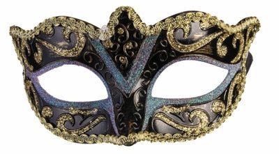 Eye Mask With Ribbon Gold Trim Black & Silver