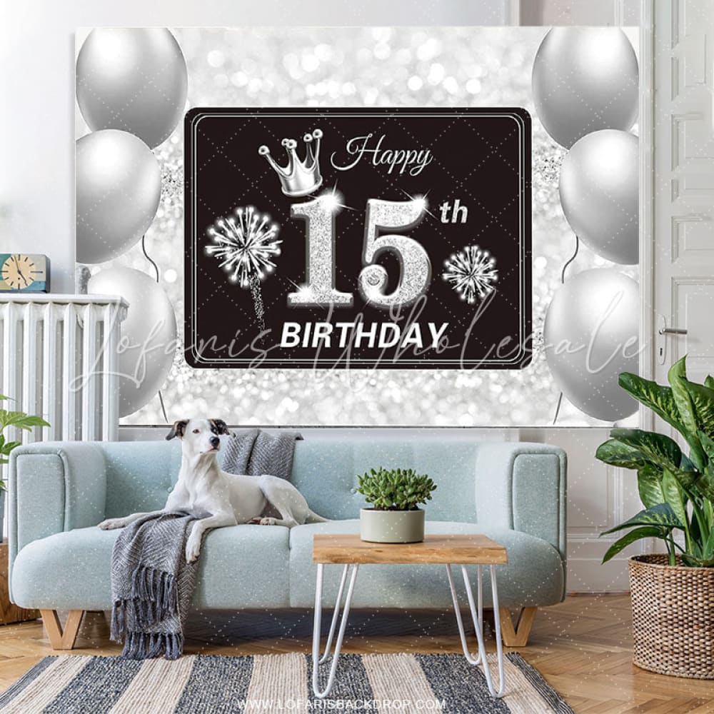 Silver Balloons Glitter 15th Birthday Backdrop (x1u)