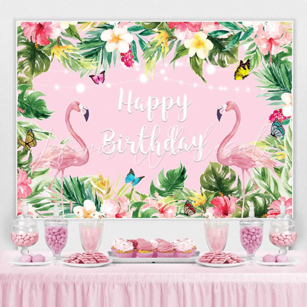 Summer Pink Tropical Flower Flamingos Birthday Backdrop