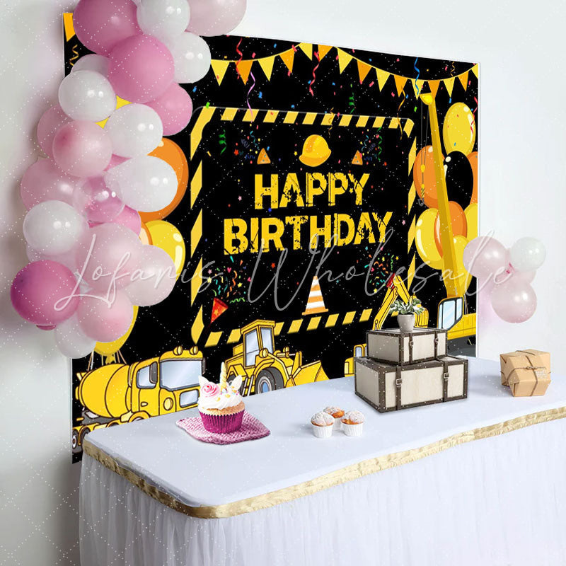Construction Yellow Truck Balloons Birthday Backdrop (x1u)