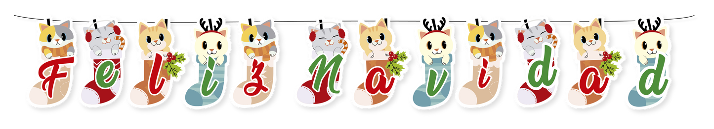 BANDERIN TEMPORADA NAVIDAD BOTINES FELIZ NAVIDAD GATOS