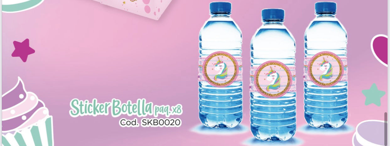 STICKER BOTELLA X 8 UNICORNIO INFANTIL