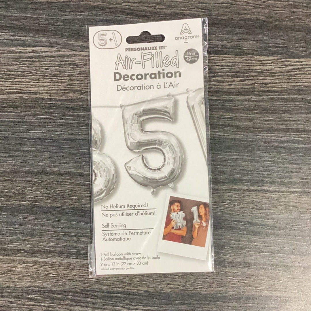 Balloon Air-Filled Number "5"- Silver