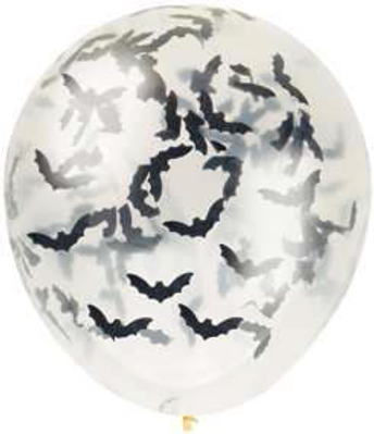 CLEAR LATEX Balloons with Bats Halloween 16” (x5u)