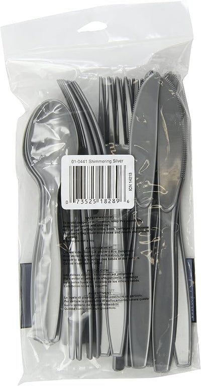 Surtido de Cubiertos de Plástico Premium, Plateado Brillante
