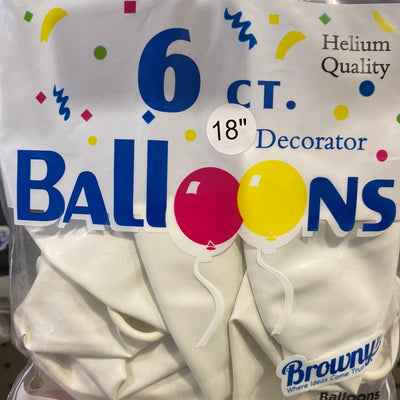 Browny Latex Balloons 18" White 6pcs