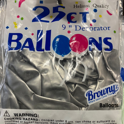 Browny Latex Balloons 9" Chrome Silver 25pcs