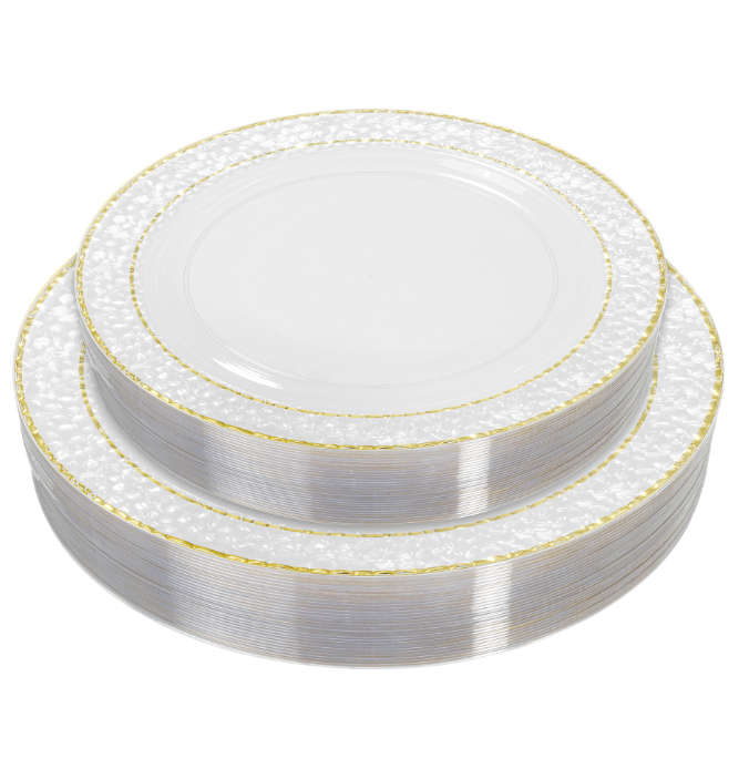 Plastic Plate Set With Hammered Double Gold Rim Edge 50pc/set - Gold
