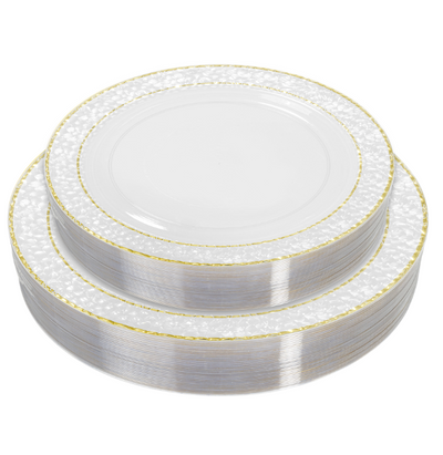 Plastic Plate Set With Hammered Double Gold Rim Edge 50pc/set - Gold