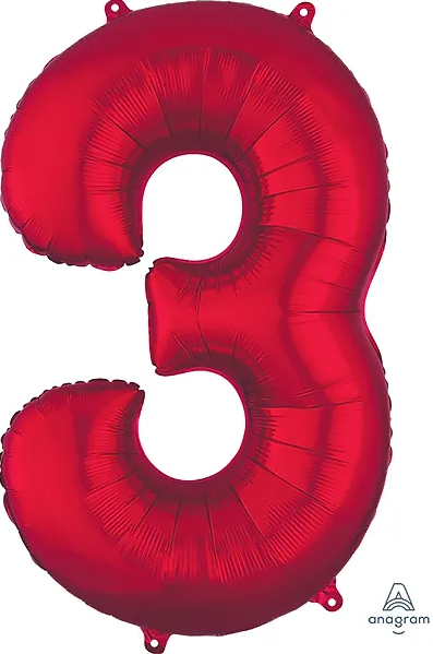 Number #3 Supershape Balloon 34" Metallic Red
