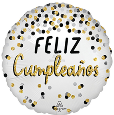 18" FELIZ CUMPLEAÑOS SATIN BLACK SILVER AND GOLD